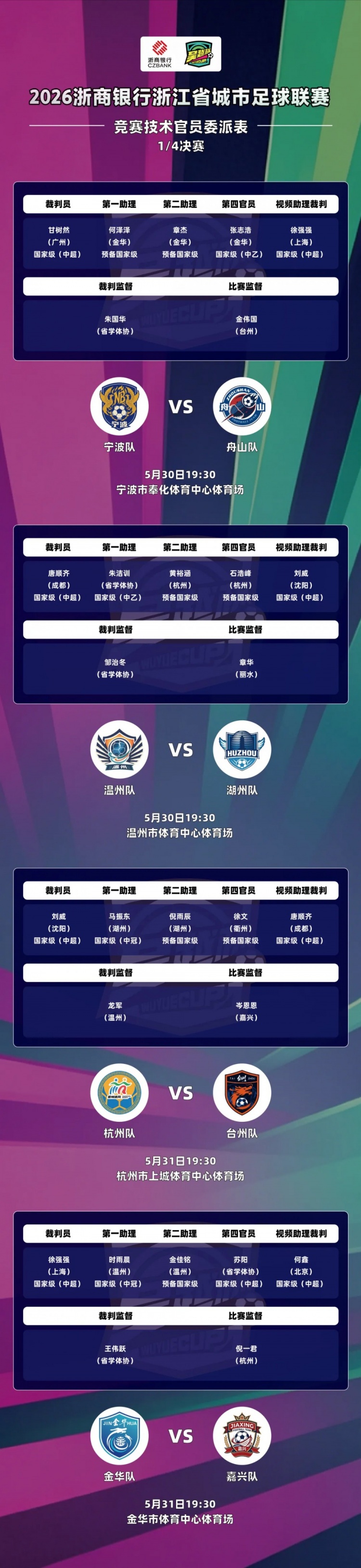 吳越杯四分之一決賽外省中超裁判全覆蓋，唐順齊、甘樹然分別執(zhí)法