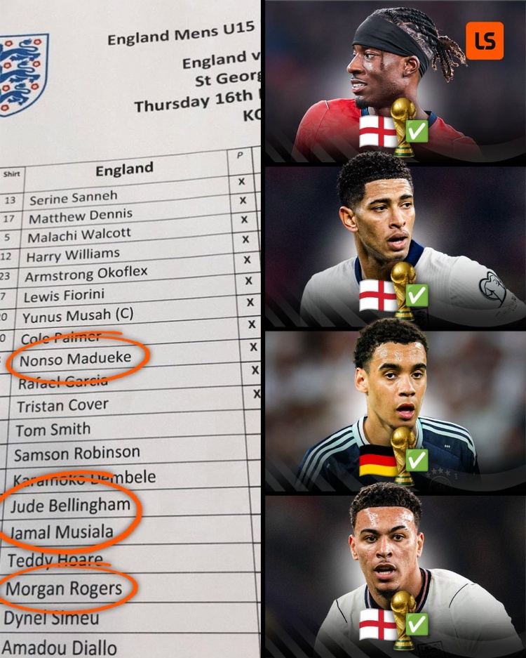 英格蘭U15四子齊聚2026世界杯：貝林穆西亞拉領(lǐng)銜，帕爾默落選
